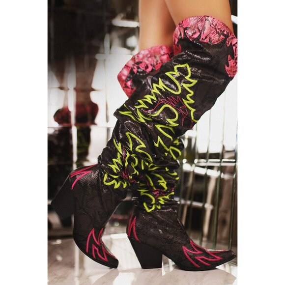 Women Multi Fabric Thigh High Over The Knee Pointed Toe Chunky Heel Fashion Boot - Picture 2 of 2